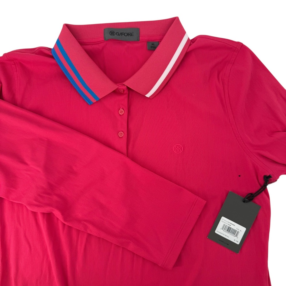 G/FORE Women's Contrast Collar‎ Ribbed Tech Long Sleeve Polo Golf Shirt Pink XL